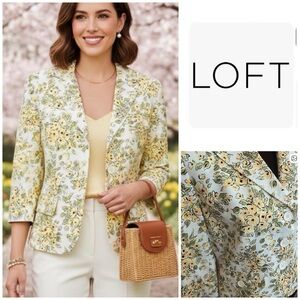LOFT Yellow and Green Floral 3/4 Sleeve Blazer Tailored Fit